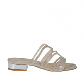 Woman's open mule in beige glittered printed suede and silver patent leather heel 2 - Available sizes:  42