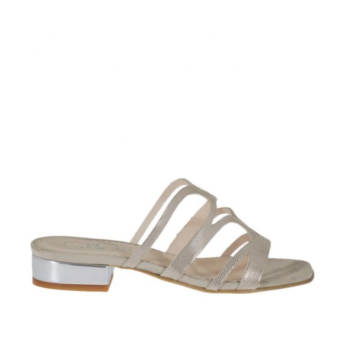 Sabo abierto para mujer en gamuza imprimida beis brillante y charol plateado tacon 2 - Tallas disponibles:  42