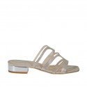 Woman's open mule in beige glittered printed suede and silver patent leather heel 2