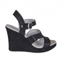 Woman's strap sandal in black leather and lace with platform and wedge heel 9