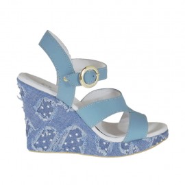 Woman's strap sandal in light blue leather and jeans fabric with platform and wedge heel 9 - Available sizes:  34, 42