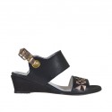 Woman's sandal in black and copper laminated leather with embroidery wedge heel 3