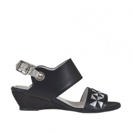 Sandale pour femmes en cuir noir et lamé argent avec broderie talon compensé 3 - Pointures disponibles:  42, 43