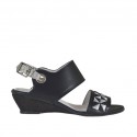 Woman's sandal in black and silver laminated leather with embroidery wedge heel 3