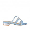 Woman's open mule in light blue glittered printed suede and silver patent leather heel 2