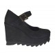 Woman's strap pump with wedge and platform in black nubuck leather wegde heel 9  - Available sizes:  42, 43, 45