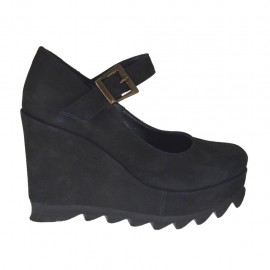 Escarpin pour femmes avec courroie, talon compensé et plateforme en cuir nubuck noir talon compensé 9  - Pointures disponibles:  42, 43, 45