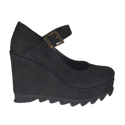 Woman's strap pump with wedge and platform in black nubuck leather wegde heel 9  - Available sizes:  42, 43, 45