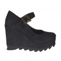 Woman's strap pump with wedge and platform in black nubuck leather wegde heel 9 