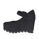 Woman's strap pump with wedge and platform in black nubuck leather wegde heel 9  - Available sizes:  42, 43, 45