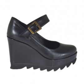 Escarpin pour femmes avec courroie, talon compensé et plateforme en cuir noir talon compensé 9  - Pointures disponibles:  42, 43