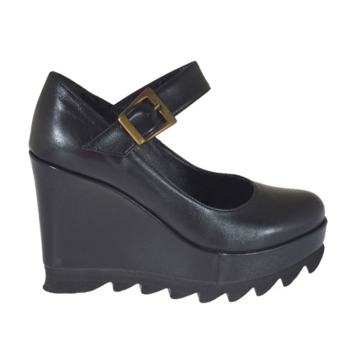 Zapato de salon para mujeres con correa, cuña y plataforma en piel negra cuña 9 - Tallas disponibles:  42, 43