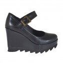 Decolté da donna con cinturino, zeppa e plateau in pelle nera zeppa 9
