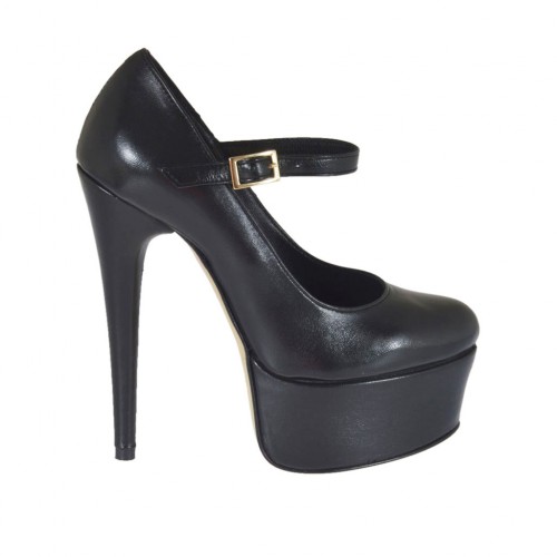 Decolté da donna con cinturino e plateau in pelle nera con tacco 13 - Misure disponibili: 31