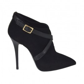 Scarpa da donna accollata con fibbia e cerniera in camoscio e pelle nera tacco 10 - Misure disponibili: 42