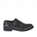 Eleganter Herrenschuh mit Kappe und zwei Schnallen aus schwarzem Leder