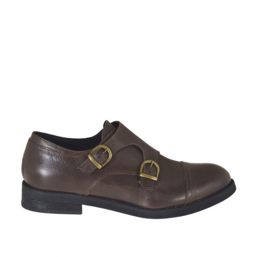 Elégant chaussure pour hommes avec bout droit et deux boucles en cuir marron - Pointures disponibles:  36, 37, 38, 48, 50