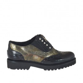 Zapato para mujer con cremallera, elasticos y tachuelas en piel cepillada negra y piel imprimida laminada oro tacon 3 - Tallas disponibles:  43