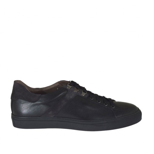 Scarpa da uomo stringata sportiva in pelle nera e camoscio grigio - Misure disponibili: 47
