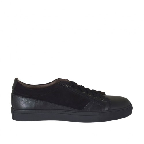 Zapato deportivo con cordones y cremallera para hombres en gamuza y piel negra - Tallas disponibles:  47