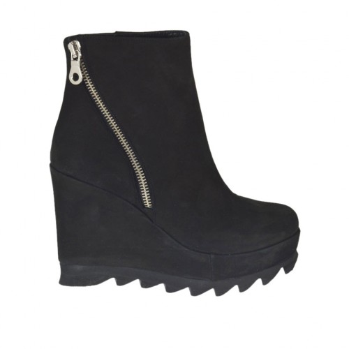 Woman's ankle boot with zipper and platform in black nubuck leather wedge heel 9 - Available sizes:  42, 43