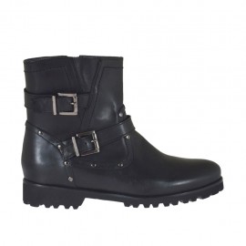 Bottines pour femmes avec fermeture éclair, boucles et goujons en cuir noir talon 3 - Pointures disponibles:  33
