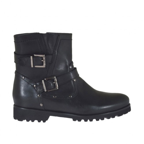 Bottines pour femmes avec fermeture éclair, boucles et goujons en cuir noir talon 3 - Pointures disponibles:  33