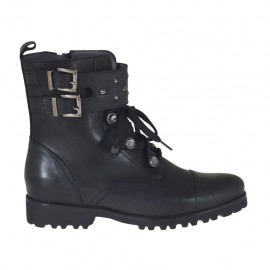 Woman's laced ankle boot with zipper, studs, rhinestones and buckles in black leather heel 3 - Available sizes:  33