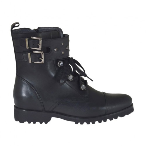 Woman's laced ankle boot with zipper, studs, rhinestones and buckles in black leather heel 3 - Available sizes:  33