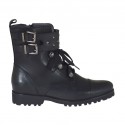 Woman's laced ankle boot with zipper, studs, rhinestones and buckles in black leather heel 3