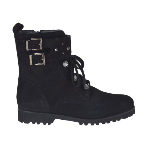 Stivaletto stringato da donna con cerniera, borchie, strass e fibbie in camoscio nero tacco 3 - Misure disponibili: 33, 34