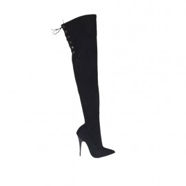 Woman's over-the-knee boot in black suede and elastic material with laces heel 11 - Available sizes:  31