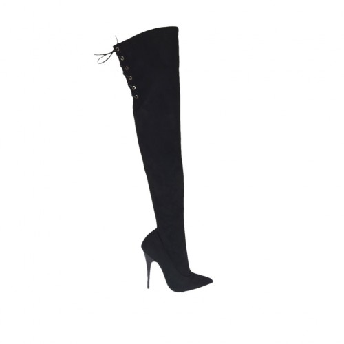 Stivale sopra al ginocchio da donna in camoscio ed elasticizzato nero con laccio tacco 11 - Misure disponibili: 31