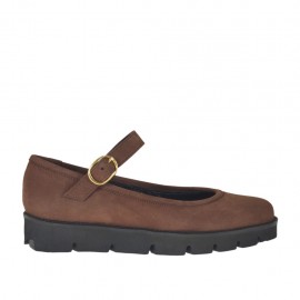 Woman's ballerina shoe in brown nubuck leather with strap wedge heel 3 - Available sizes:  33, 42, 43, 44