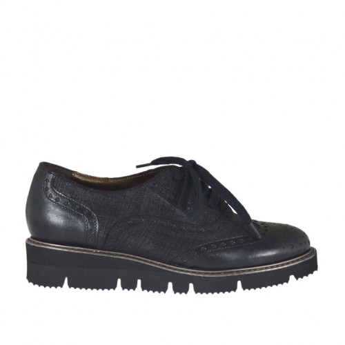 Zapato cerrado para mujer con cordones en piel y gamuza imprimida negra cuña 3 - Tallas disponibles:  32