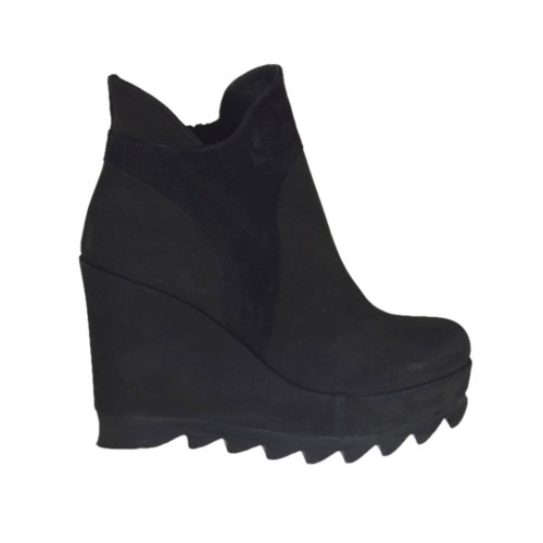 Bottines pour femmes avec fermeture éclair et plateforme en cuir nabuk et daim noir talon compensé 9 - Pointures disponibles:  42