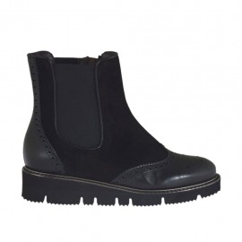 Woman's ankle boot with zipper and elastic band in black leather and suede wedge heel 3 - Available sizes:  32, 33