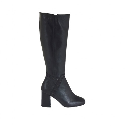 Stivale da donna in pelle nera con borchie e cerniera tacco 7 - Misure disponibili: 32, 42