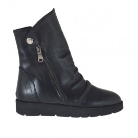 Woman's ankle boot with zippers and button in black leather wedge heel 3 - Available sizes:  33