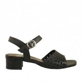 Sandalo da donna con cinturino in pelle forata nera tacco 3 - Misure disponibili: 43