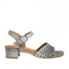 Sandalia para mujer con cinturon en piel perforada azul grisaceo tacon 3 - Tallas disponibles:  43, 44, 45