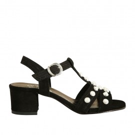 Woman's sandal with pearls and strap in black suede heel 4 - Available sizes:  32, 33, 42, 43