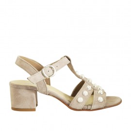 Sandalo da donna con perle e cinturino in camoscio grigio tortora tacco 4 - Misure disponibili: 33, 43