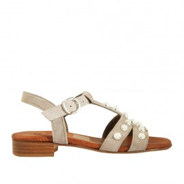 Sandalo da donna con perle e cinturino in camoscio grigio tortora tacco 2 - Misure disponibili: 43, 44