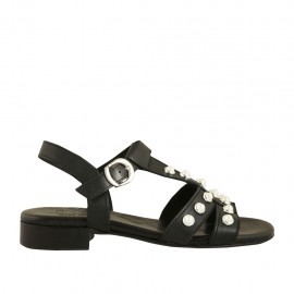 Sandalo da donna con cinturino e perle in pelle nera tacco 2 - Misure disponibili: 42, 43