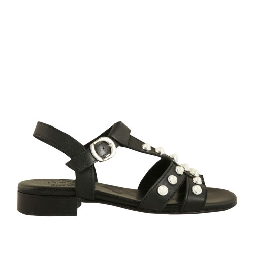 Sandalo da donna con cinturino e perle in pelle nera tacco 2 - Misure disponibili: 42, 43