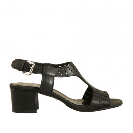 Woman's sandal in black pierced leather heel 4 - Available sizes:  33, 42, 43, 44