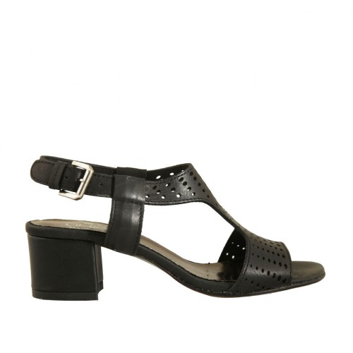 Woman's sandal in black pierced leather heel 4 - Available sizes:  33, 42, 43, 44
