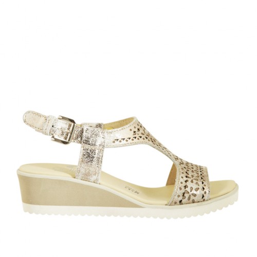 Sandalo da donna in pelle forata stampata platino zeppa 4 - Misure disponibili: 44
