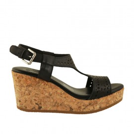 Sandalo da donna in pelle forata nera con plateau e zeppa 7 - Misure disponibili: 32, 43, 44